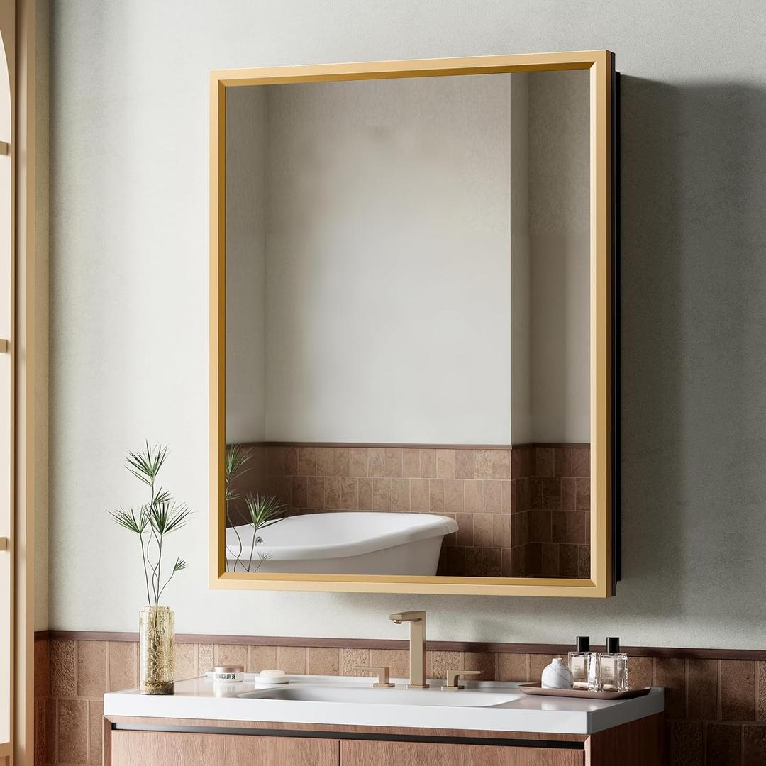 24 x 30 Gold Medicine Cabinets for Bathroom with Mirror, Aluminum Alloy Framed MirrorTempered Glass Design, Recessed or Surface Wall-Mounted Metal Bathroom Vanity Mirror with Storage Cabinet