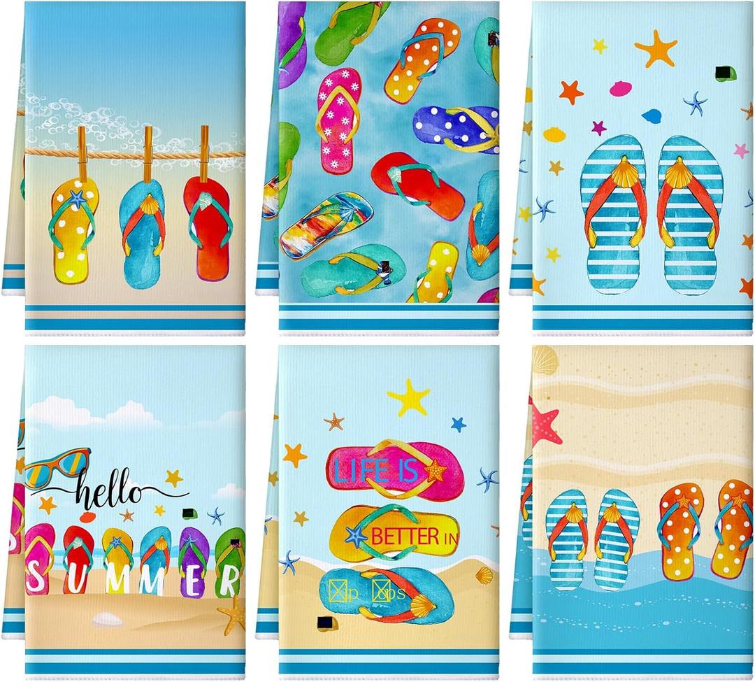 Preboun 6 Pcs Flip Flops Decorative Kitchen Towels Summer Dish Hand Towels Funny Flip Flops Themed Dish Cloth House Decorative Farmhouse Tea Cloth Absorbent for Home Bathroom Kitchen Decor