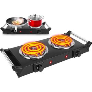 Hot Plate, 2000W Portable Electric Stove for Cooking with Stay Cool Handles & 5 Levels Adjustable Temperature, Countertop Double Coil Burner for Home RV Camp Compatible for All Cookwares,Black