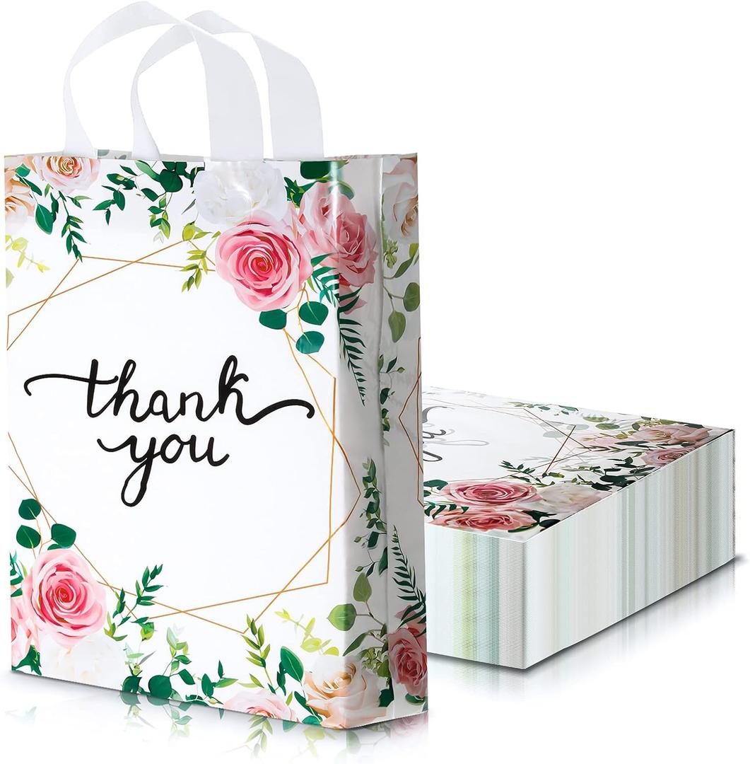Frienda 11.8 x 15 Inch Floral Thank You Bags Bulk 100pcs Large Merchandise Retail Plastic Shopping Bags with Handle for Shopping Present Wrapping, 2.76 Mil Thick