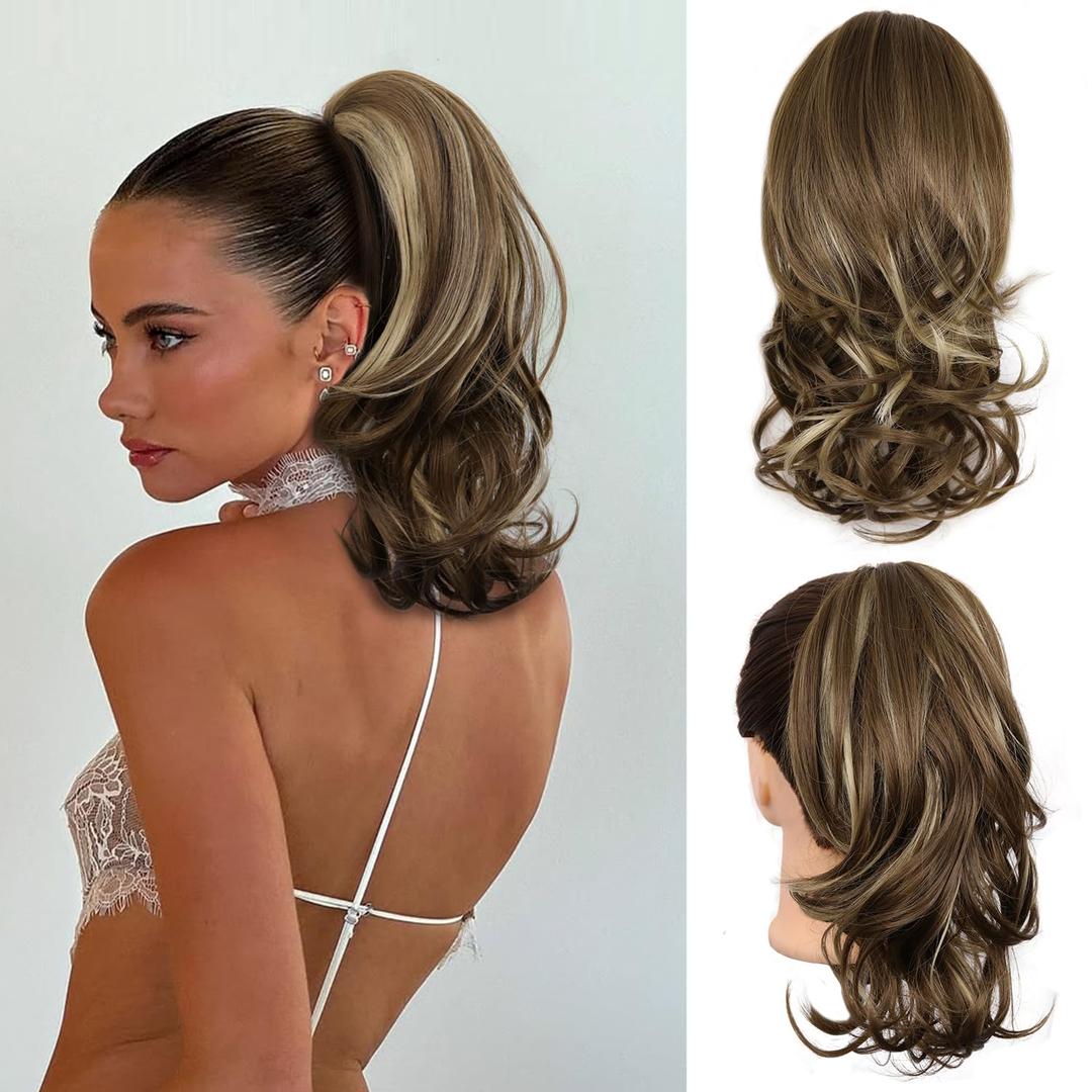 Clip on Ponytails for Women - 14 Inch Curly Ponytail Extension, Wavy Pony Tails Hair Extensions, Synthetic Hair Extensions Ponytail, Clip in Ponytail (Ash Brown with Beige Blonde Highlights)