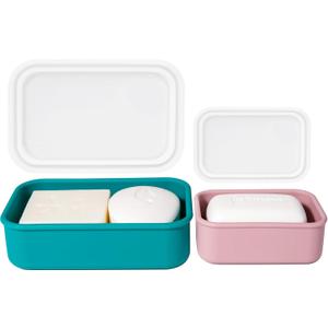 2PC Portable Leakproof Travel Soap Case, Silicone Travel Soap Case, Compact Soap Holder with Drainage Layer, Travel Soap Holder for Camping, Gym, Outdoor Turquoise&Flamingo