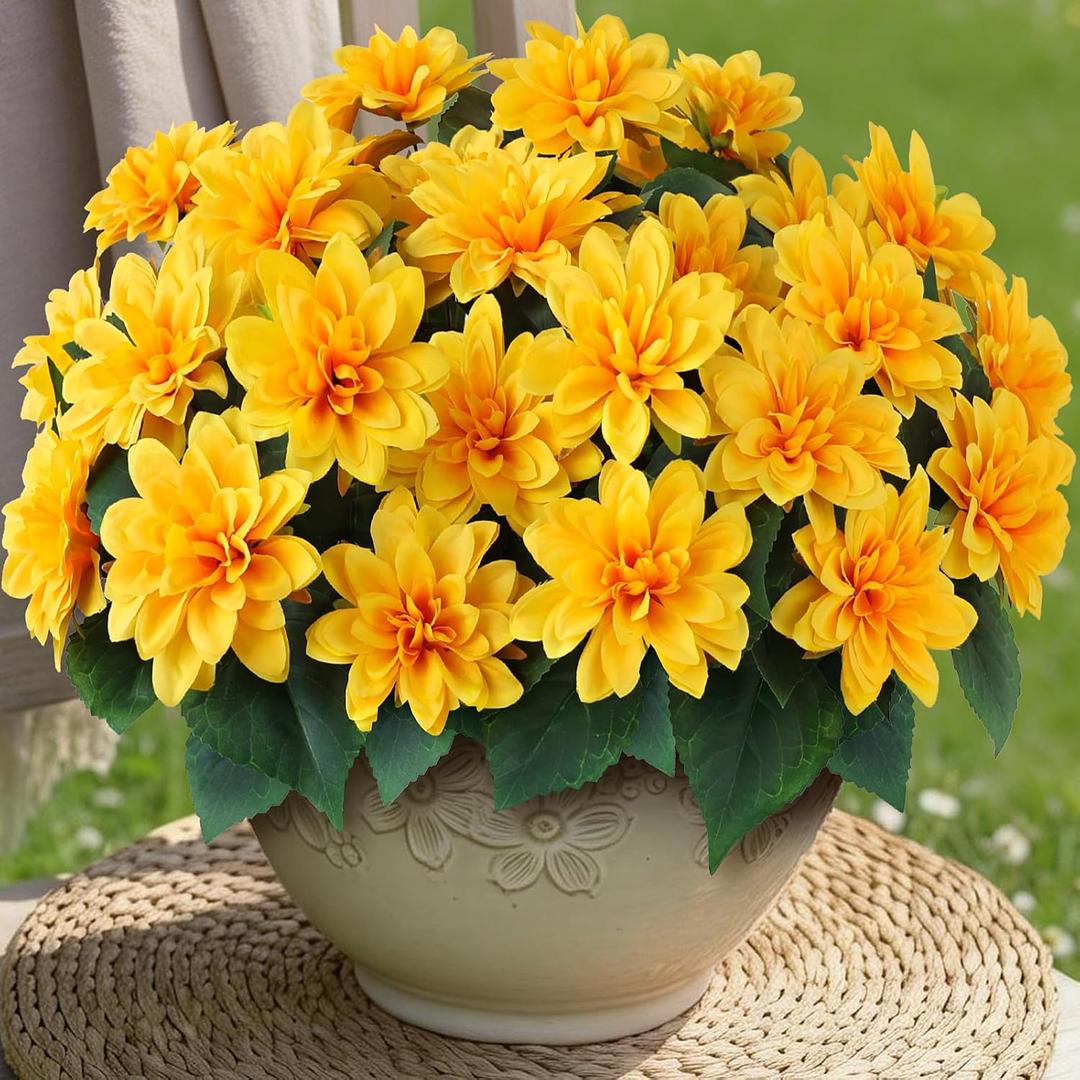 VIERENA 8 Bundles Artificial Dahlia Flowers for Outdoors Spring Summer Decor, No Fade Silk Flower Faux Dahlias Plant Arrangement for Home Garden Balcony FarmhouseYellow
