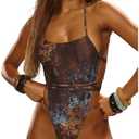SweatyRocks Women's Criss Cross Tie Backless One Piece Swimsuit Sexy Printed High Cut Thong Bathing Suits, M
