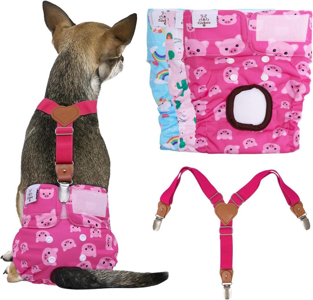CuteBone Dog Diapers Female 3 Pack Reusable Doggy Diapers with One Suspender for Small Medium Large Dog Period BDD05S (S)
