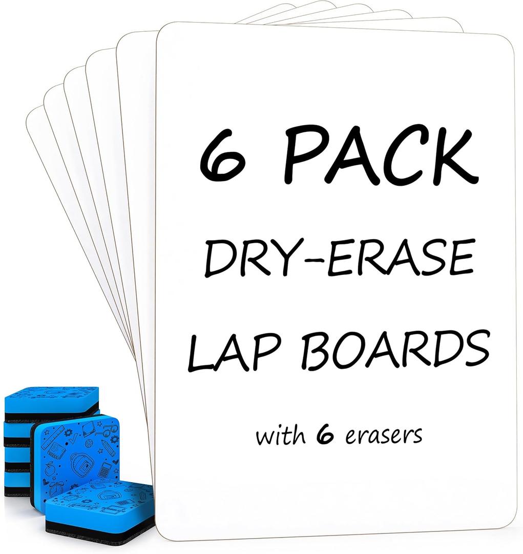 Scribbledo Small Dry Erase Boards for Students, 6 Pack 9 x 12 Double Sided White Boards with 6 Erasers, Student White Boards for Classroom, Personal Whiteboards for Kids, Mini Lap Boards