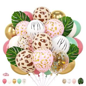 47Pcs Khaki Macaron Cheetah Print Balloons, Leopard Jungle Safari Animal Party Decorations, Zebra Giraffe Print Latex Balloon Set with Monstera Decor for Baby Shower, Zoo Theme Birthday Party Supplies