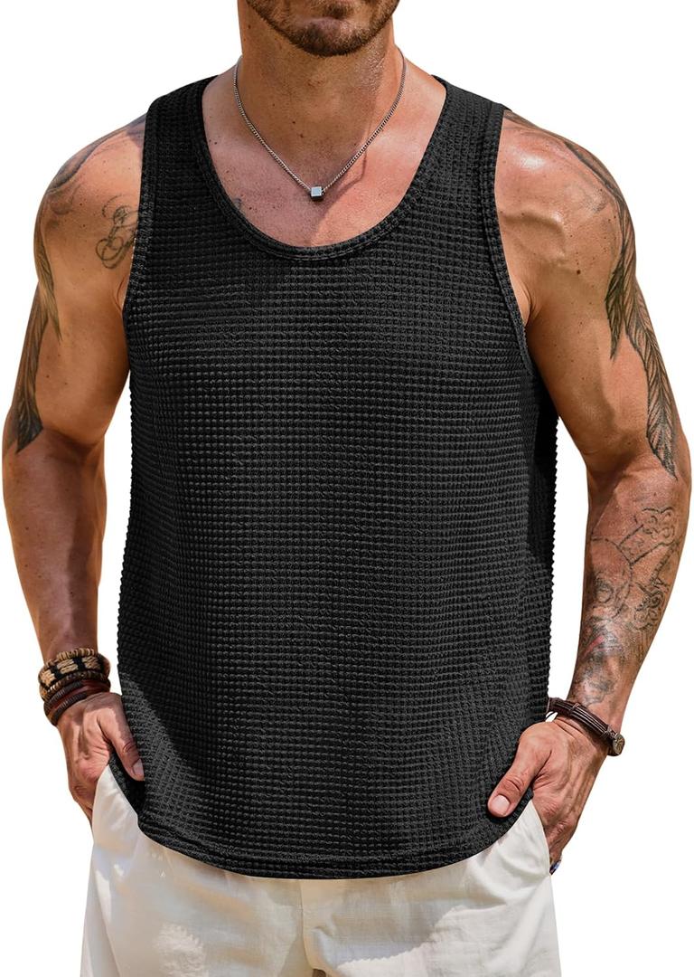 Mens Hollow Out Tank Top Vacation Summer See Through Crochet Sleeveless Shirt Beach Muscle Knit Vest (L)