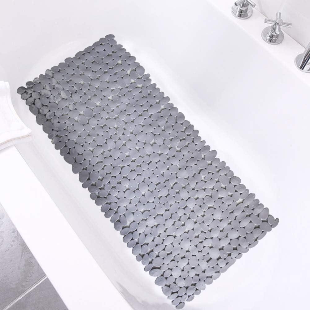 SONGZIMING Pebble Bath Mat 35x16 Inches for Bathtub to Non Slip in Shower with Drain Holes, Suction Cups (Grey)