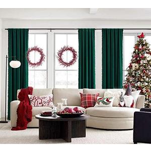 Christmas Green Velvet Curtains for Living Room 63" Pom Pom Room Darkening, 42"W x 63"L
