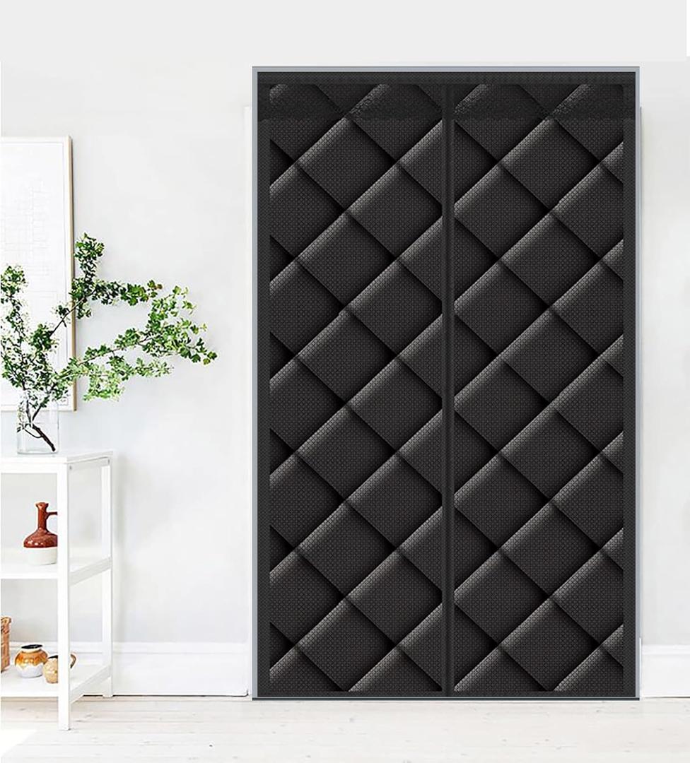 Magnetic Thermal Insulated Blackout Door Curtain Storm Wind Fleece Insulation Curtian Magnetic Screen Door with Thermal and Insulated Waterproof Noise Reduce 58"x82" Inch Black