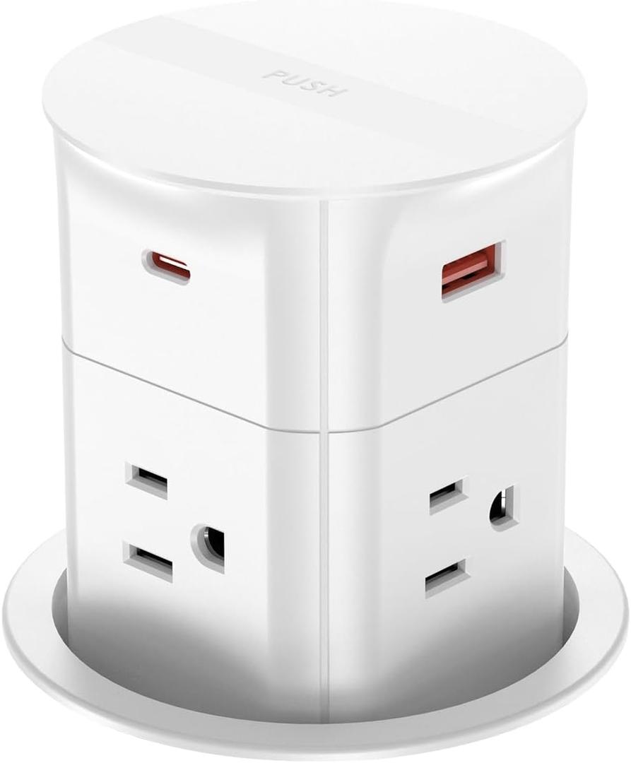 ANNQUAN Automatic Pop Up Outlet for Countertop,20W USB-C Fast Charging Power Station,3.15" Kitchen Island Pop Up Electrical Outlet,4 Outlets,4 USB,Office Power Supply,6ft Cord(White)