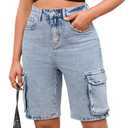YEXPINE Women's Demin Cargo Shorts High Waisted Straight Leg Casual Jean Bermuda Shorts with Pockets Light Blue, 14