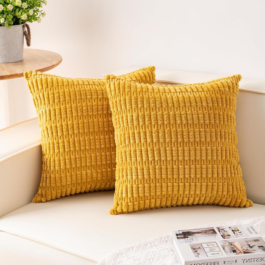 Pack of 2 Corduroy Decorative Throw Pillow Covers 18x18 Inch, Yellow | Fall Soft Striped Pillow Covers Modern Farmhouse Home Decor Christmas Throw Pillow Covers for Sofa Living Room Couch Bed, Yellow