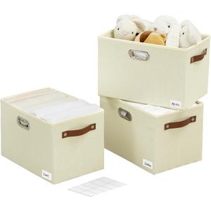 Large 3-Pack Foldable Fabric Storage Bins with Durable PU & Metal Handles, Collapsible Storage Baskets for Shelves, Home Storage, Closet Organizers, Living Room(14.9"x9.8"x9.8", Beige)