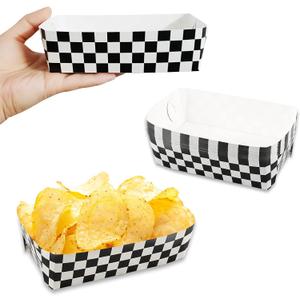 50 Packs Black and White Checkered Paper Food Trays - Rectangular, Grease Resistant, Disposable - Perfect for Race Car, Birthday Parties - 2lb Capacity Each