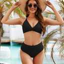 Women High Waisted Bikini Sets Criss Cross Back V Neck Bathing Suits High Cut Two Piece Swimsuits (Black, L)