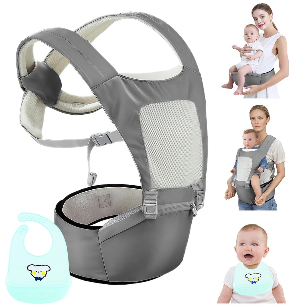 Baby Carrier with Hip Seat,Safety-Certified 2-in-1 Baby Carrier Newborn to Toddler, Adjustable Detachable Infant Hip Seat for Baby 44lbs, Comfortable Lightweight, Baby Bibs for Boys and Girls, Gray