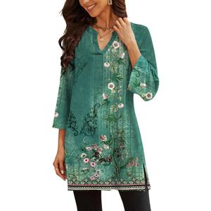 Poetsky Womens Tunic Tops 3/4 Bell Sleeve Loose Fit Tunics Dressy Casual Side Split Flare Top for Leggings S-3XL (M)