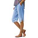 GaoCold Cotton Linen Capri Pants for Women Petite Bermuda Shorts Knee Length Drawstring High Waisted Wide Leg Cropped Pants Casual Summer Beach Vacation Long Shorts Blue L (Blue, L)