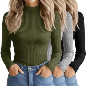 3 Pack Women's Cotton Long Sleeve Mock Turtleneck Tops Ribbed Lettuce Trim Slim Fit Shirts Thermal Base Layer (Large, Black, Army Green, Heather Light Gray)