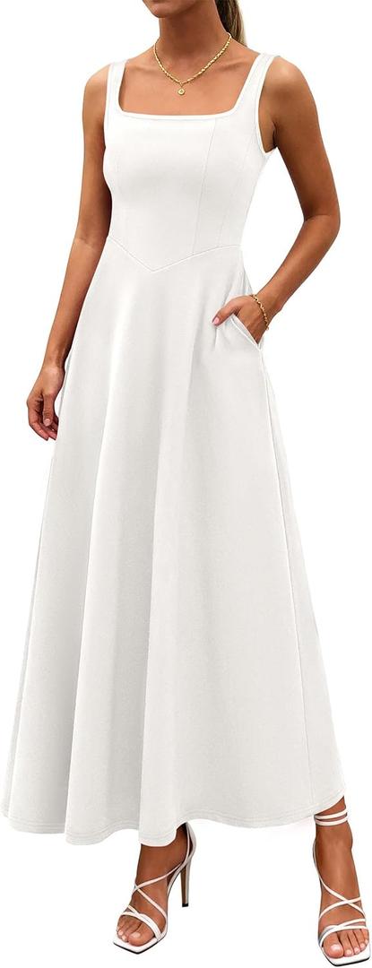 PRETTYGARDEN Womens Summer Dresses 2026 Sleeveless Elegant Square Neck Aline Swing Maxi Beach Wedding Guest Dress Pockets (White, S)
