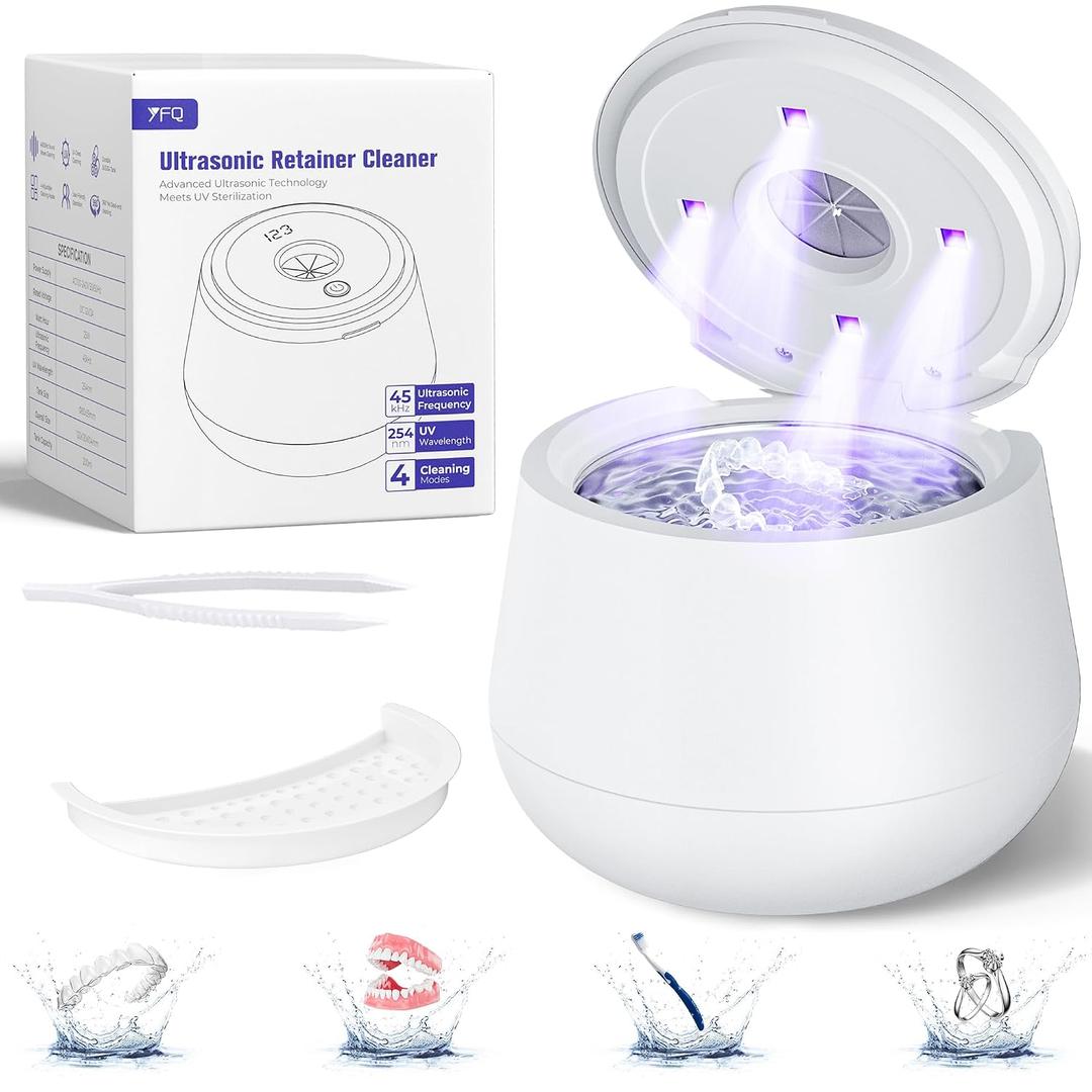 45kHz Ultrasonic Retainer Cleaner, 200ML Dental Cleaning Pod for Dentures, Mouth Guards, Braces, Aligner, Toothbrush Jewelry and More, UV Denture Cleaner with 4 Modes & Digital Timer - White