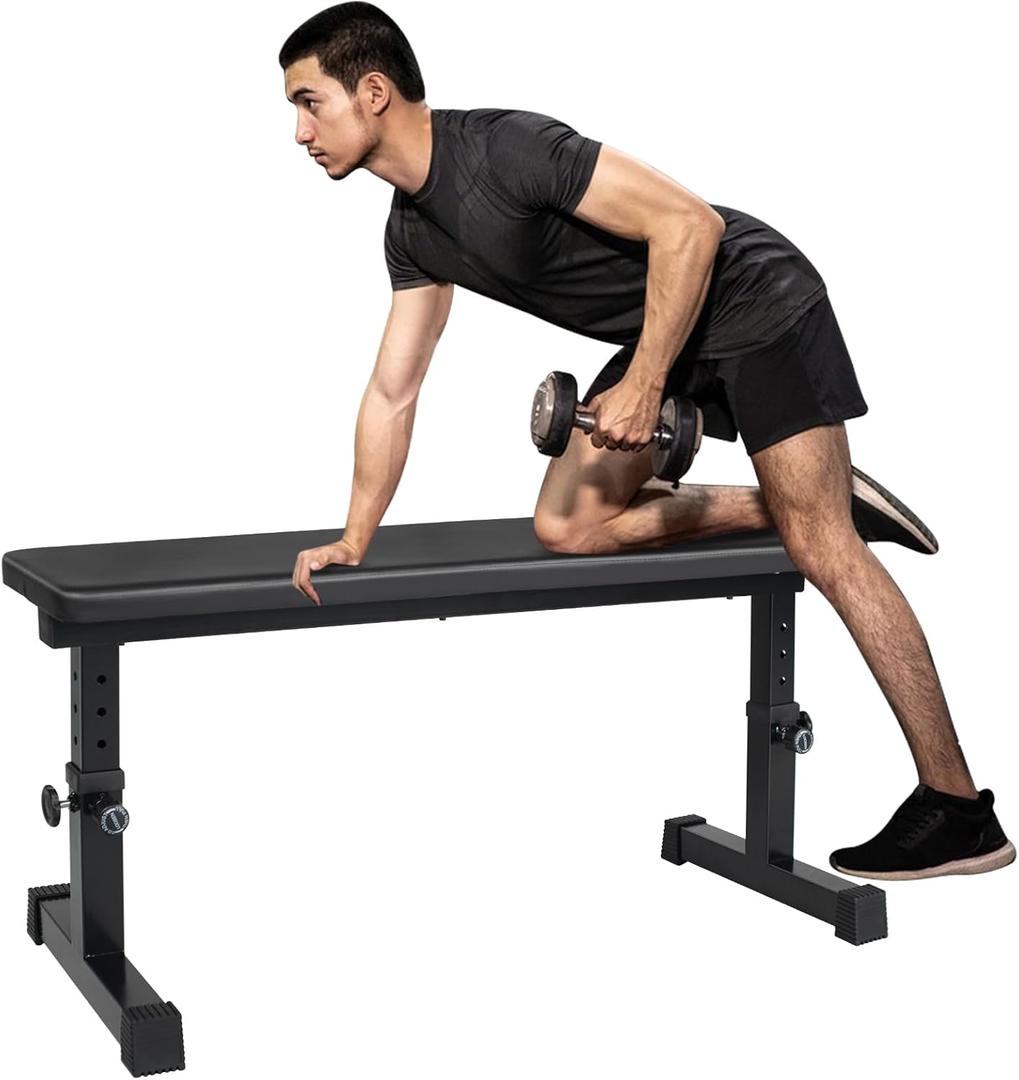 Flat Weight Bench, Utility Workout Adjustable Height Weight Bench Press with Thick Cushion & Anti-slip Foot Pads, Compact Strength Training for Exercise & Fitness, Home/Gym Easy Assembly