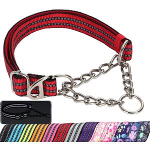 Martingale Dog Collar for Training,Adjustable No Pull Reflective Collar with Chain for Medium to Large Dogs Secure/Comfortable Walking Collar for Night SafetyRed M