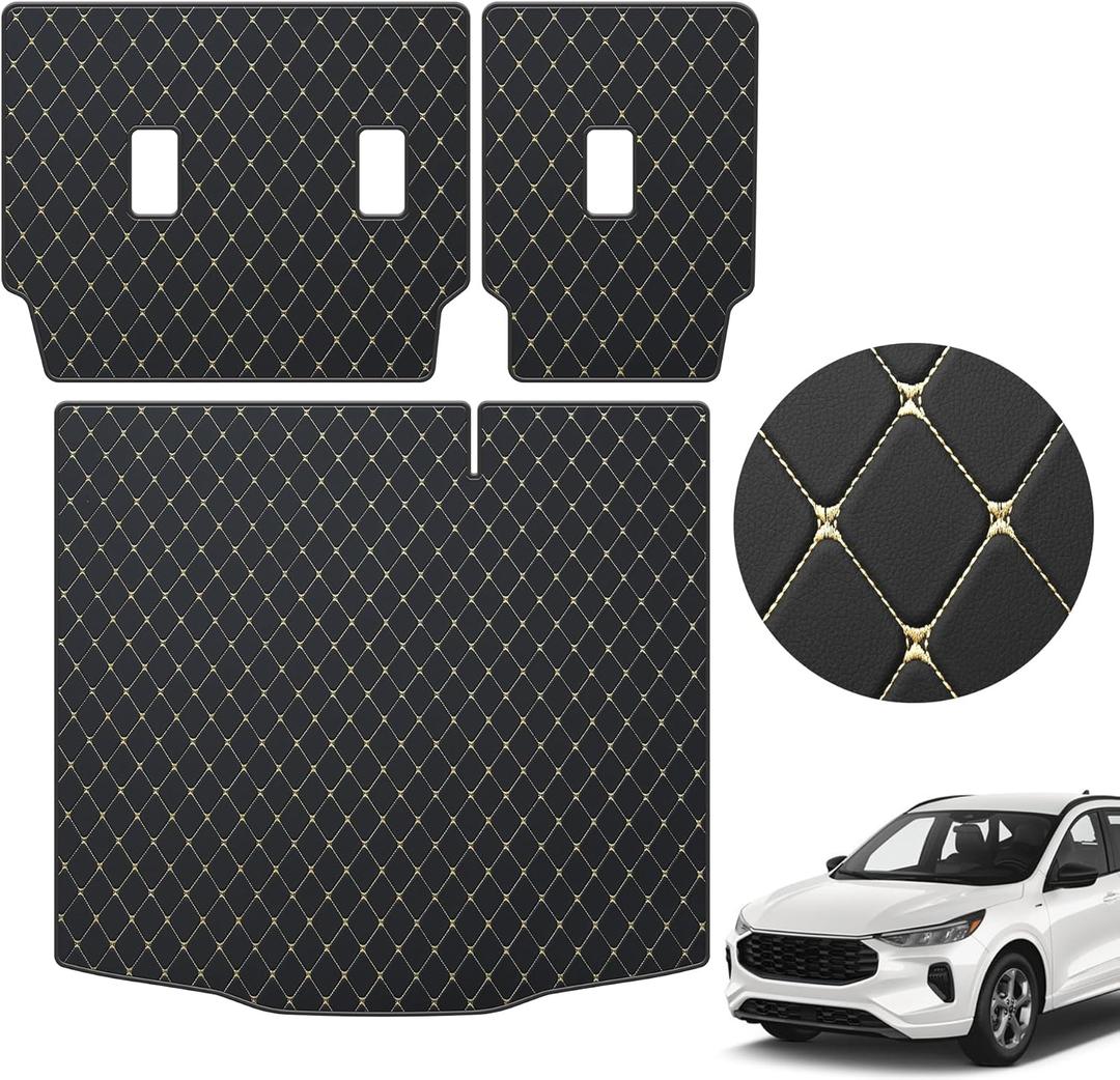 TTX LIGHTING Cargo Mat & Backrest Mat for Ford Escape 2020-2025 - Custom Fit PU Leather Trunk Liner All Weather Waterproof Rear Back Seat Cover (Black Gold)