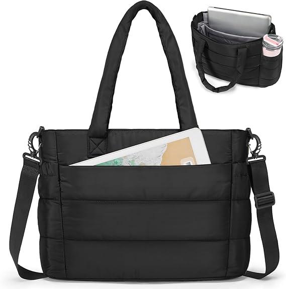 RAINSMORE Tote Bag for Women with Cup Holder, Puffer Work Bag, 15.6 inch Quilted Laptop Handbag for Work, Travel, Teacher, Black