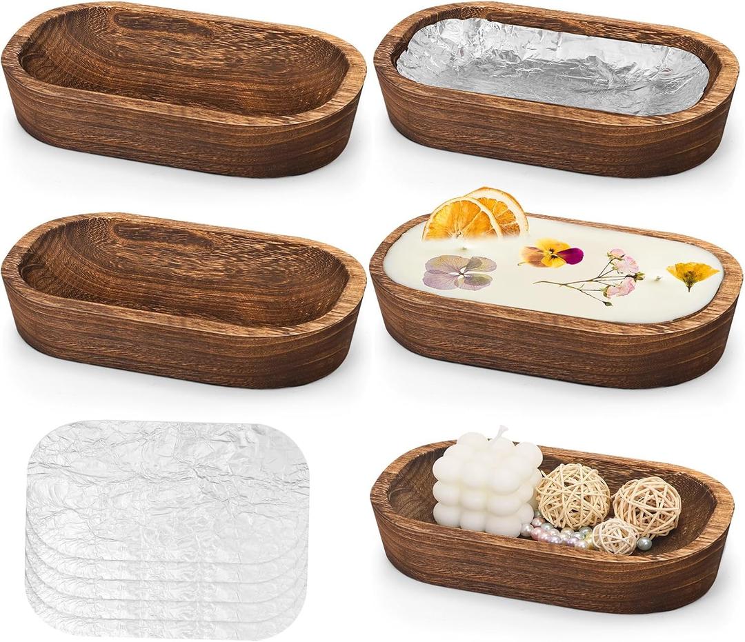 5 Pack Wooden Dough Bowls, Dough Bowls for Candle with Fire-resistant Coating, Rustic Paulownia Wood Bowl, Kitchen Table Home Bathrooms Farmhouse Decoration (9.5 x 5.5 x 1.6 Inch, Brown) (5)