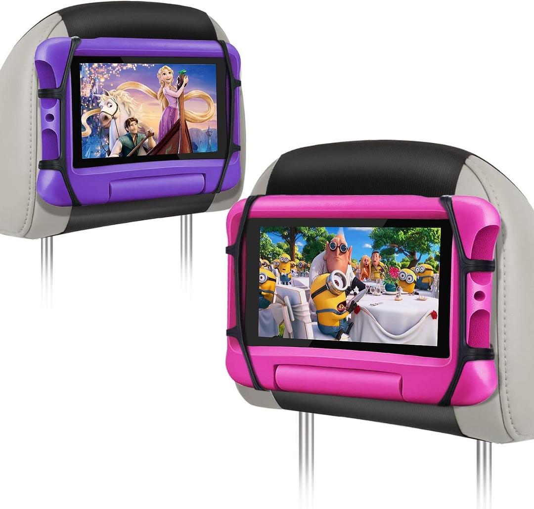 BIGASUO 2 Pack Car Headrest Mount Holder for Kids Tablet Holder for Car Backseat Anti-Slip Strap Holding Net Adjustable Angle Seat Mount Fits All 7 to 12.9 Inch Tablets