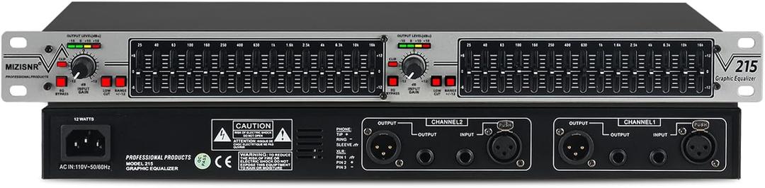Graphic Equalizer 15-Band Stereo EQ for Home Audio, Dual Channel Professional Silver DJ Equalizer, Noise Reduction 1U Rack Mount (EQ-215S)