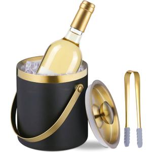 Ice Bucket with Lid, Handle and Tong Black Gold Insulated Stainless Steel Champagne Bucket 2L Wine Bucket for Party Bar Cart Accessories Large Double Wall Bucket Keep Frozen