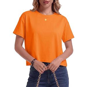 NOMUI Pure Cotton Crop Tops for Women Short Sleeve Boxy Loose Fit Cropped T Shirts Crew Neck Drop Shoulder Basic Tees 2026(Orange, Medium)