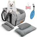 PawCruze Center Console Dog Car Seat for Small Dogs & Puppies - Travel Carrier for Console with Built-in Safety Leash, Foldable Design, Dual-Sided Cushion, Puppy Booster & Bonus Blue Chew Toy (Gray)