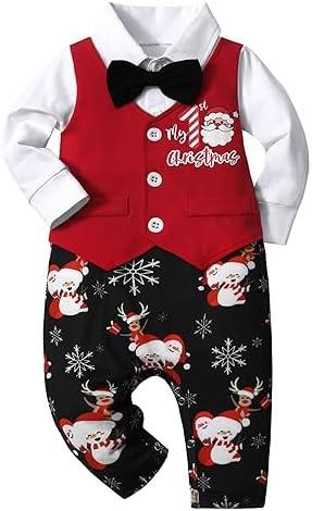 AGAPENG Baby Boy Christmas Outfit My First Christmas Gentleman Onesie Long Sleeve Romper Jumpsuit Vest with Bow Tie, 3-6M