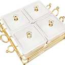 YA JU Ceramic Bowls and with Lid Gold Basket Trays, 4 Removable Small Bowls Condiment Trays Nut Serving Set for Snacks, Fruits, Candy and Condiments - Great for Parties, Holiday Gifts, White