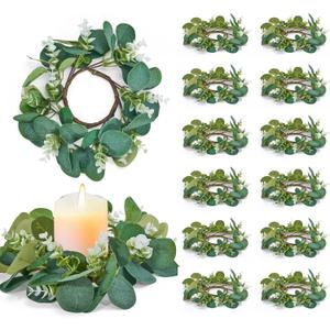 Defined Deco 20Pcs Artificial Eucalyptus Leaves Candle Rings Wreaths,11 Inch Greenery Wreath Candle Rings, Pillars Boho Wreath for Wedding Party Home Table Door