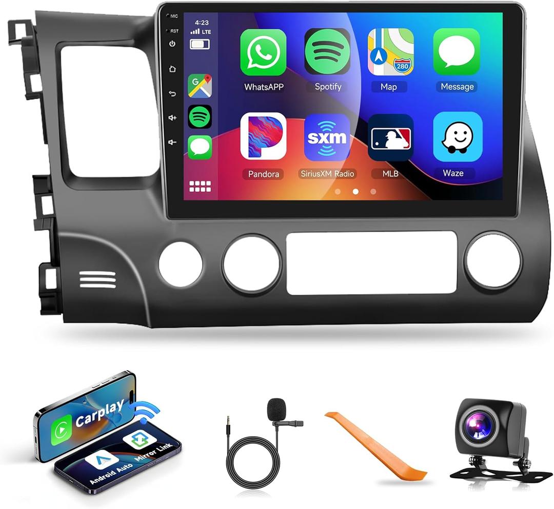 Car Stereo Radio for Honda Civic 2006-2011 with Wireless Carplay Android Auto MirrorLink HiFi/16 EQ,Podofo 10.1 inch HD IPS Touch Screen Bluetooth Car Radio with GPS WiFi AHD Backup Camera Mic
