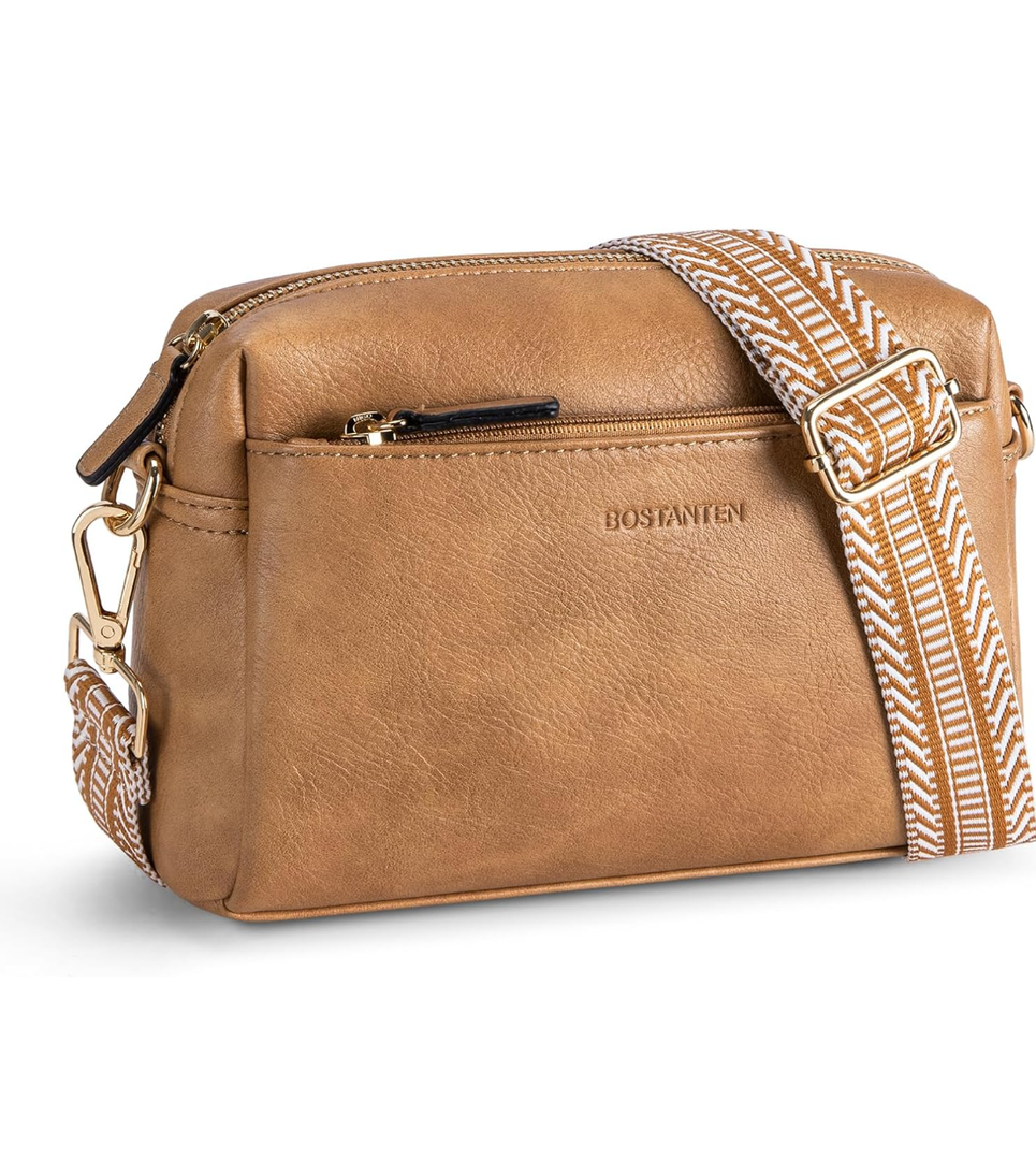 BOSTANTEN Small Crossbody Purse for Women Triple Zip Cell Phone Leather Handbag with Colored Shoulder Strap
