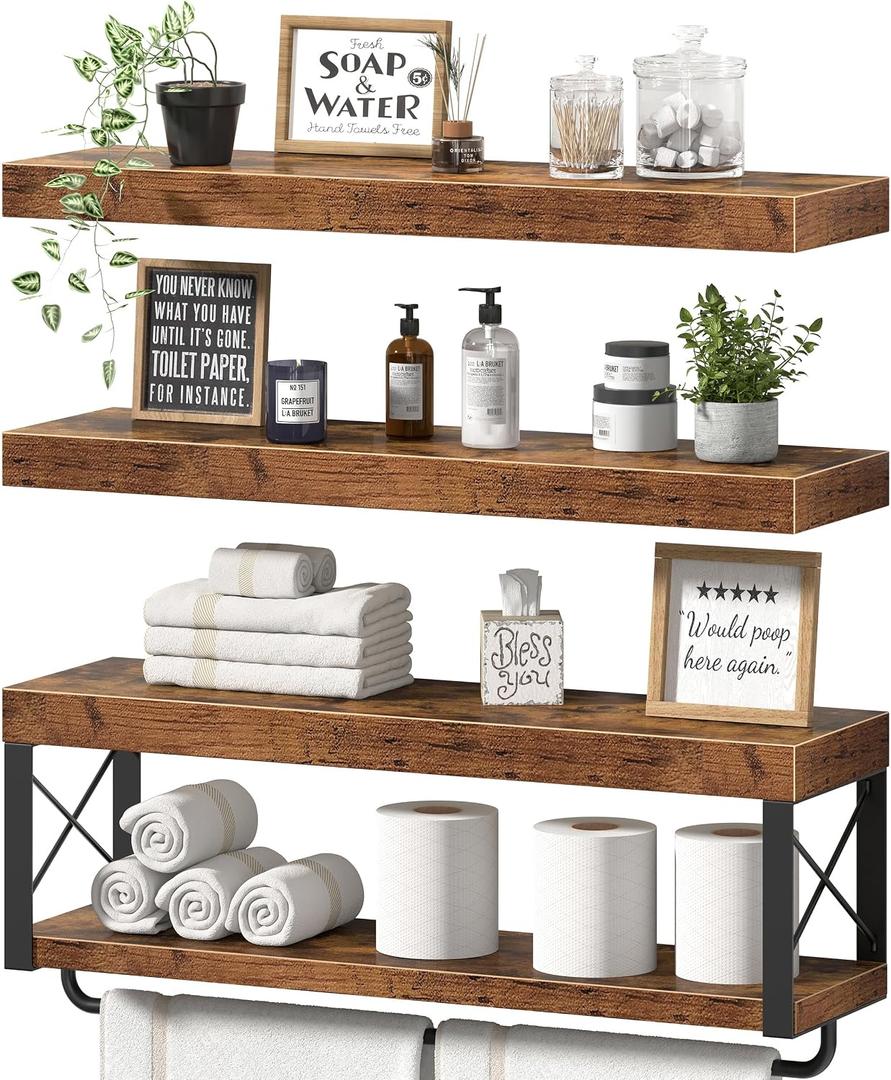 QEEIG Bathroom Shelves Over Toilet - Floating Shelf for Wall Toilet Paper Storage Farmhouse 24 inch Long Set of 3, Rustic Brown (029-60BN3), 23.6"