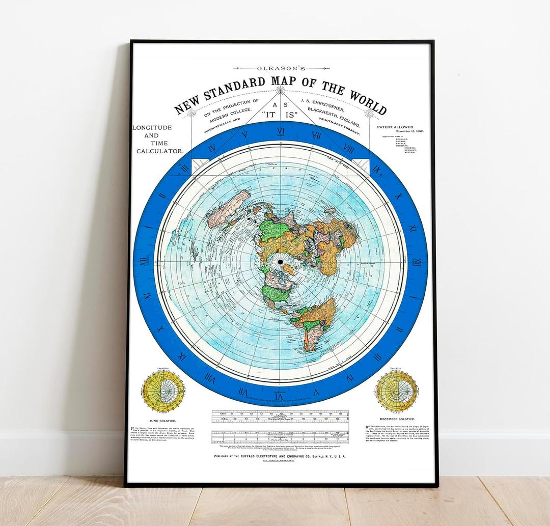 Flat Earth Map of the World - 1892 Alexander Gleason Map -24x36 inches- Wall Art Poster Print Dcor Gift - Circular Plane - Longitude and Time - Polar Azimuthal Projection - Flat Earthers - Unframed Home School Gift Decor (blue ring)