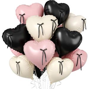 Pink and Black Heart Balloons, 10 Pcs Baby Pink Cream Heart Shaped Balloon with Black Bow Ribbon, 18 Inch Pink Sand White Foil Balloons for Brithday Baby Shower Wedding Valentines Party Decoration