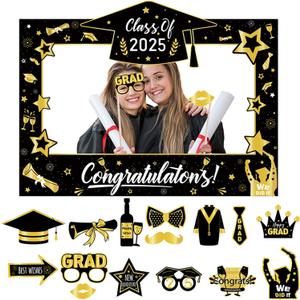 2025 Graduation Photo Booth Props Frame,15Pcs Graduation Photo Booth Props, Funny Graduation Party Selfie Props, Black Gold Selfie Photo Frame for High School and College Graduation (Black)
