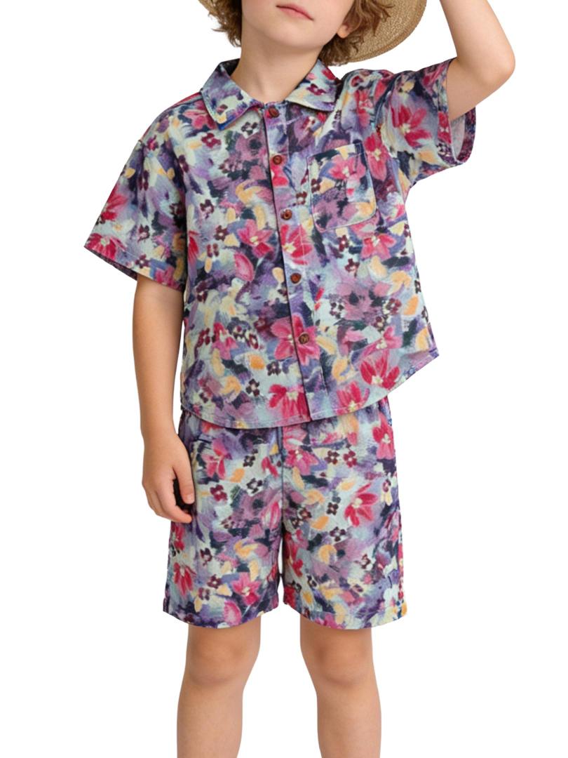 Glorycat Boy Clothes Summer Outfits Toddler 2 Piece Kids Floral Hawaiian Shirt and Shorts Set for Casual Beach Vacation,Pink for 9-10Y (Pink)