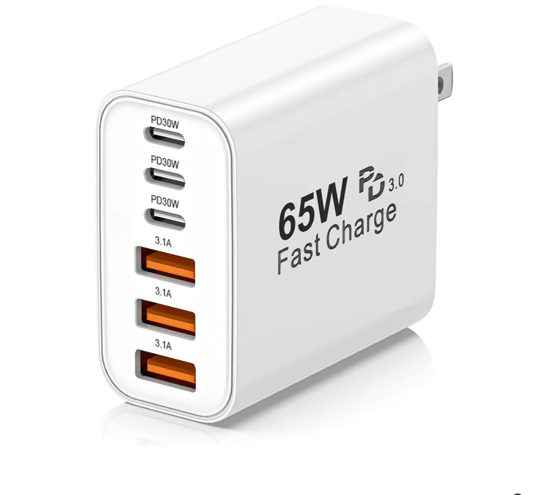 USB C Charger Block,65W 6-Port USBC Charging Block,Wall Charger iPhone Charger Fast Charging,Multiport Type C PD+QC Power Plug for All iPhone 17 16 15 iPad Samsung S23 S24 iWatch Pixel Series (White)