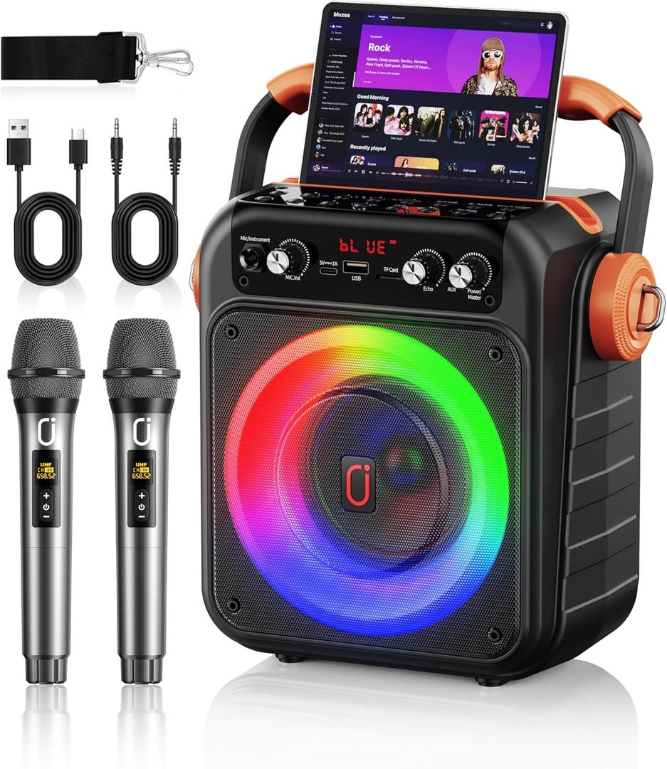 Karaoke Machine with 2 Wireless Microphones Portable Karaoke Bluetooth 5.3 Light Speaker, PA System Home Party with Subwoofer, Disco Lights, Supports TV/REC/FM/AUX/USB/TF for Gifts Adult Kids