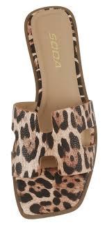 Soda Shoes Women Slip-On Cushioned Sandals H-Band Flat Flip-Flops Slides Square Toe KNIT-S Leopard Cheetah SIZE 8